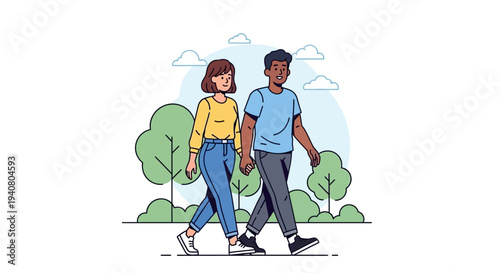 Couple walking together in a serene outdoor environment surrounded by trees, illustration view from the side