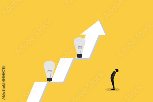 Businessman looking up at a rising growth arrow with lightbulbs on it, representing strategic innovation, progress, and visionary leadership
