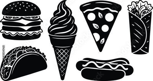 Flat design bold silhouette food icons featuring burger ice cream cone pizza slice taco wrap and hot dog isolated set