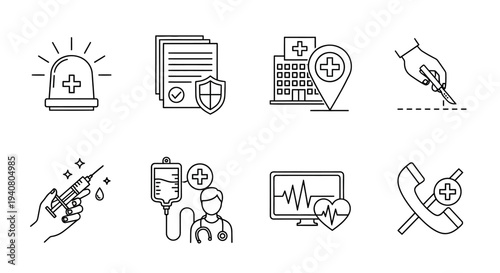 A collection of medical icons illustrating healthcare and emergency services from a straightforward viewpoint