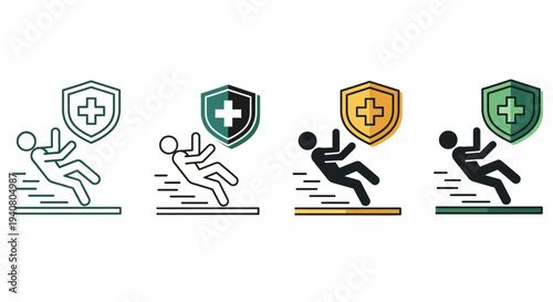Emergency Response Icons Featuring People Running Towards Shield Symbols Indicating Protection and Safety