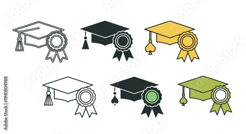 Collection of graduation caps and certificates with ribbons displayed in a grid