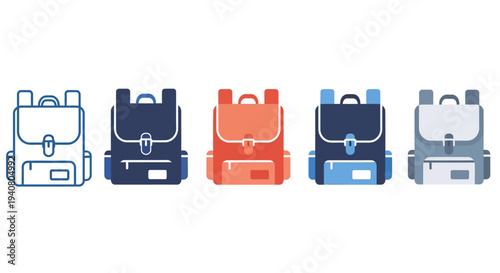 A row of colorful school backpacks displayed from a straightforward front view.