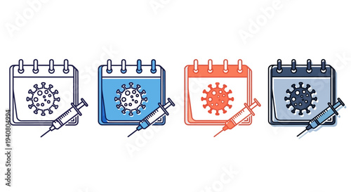 Vaccine development schedule represented by calendar icons with virus symbols and medical tools