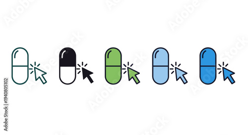 Various pills and capsules being clicked by mouse pointers in a digital illustration