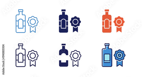 Various colorful icons of bottles and awards displayed together on a clean white background from a straightforward viewpoint
