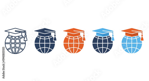 Graduation caps and globes symbolizing global education and achievement in a modern, flat design style