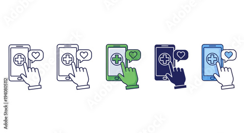 A series of hands interacting with mobile devices, showcasing various icons and symbols, from different viewpoints.