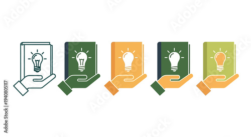 Hands holding cards with lightbulb icons in various colors and designs