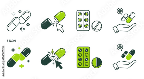 Collection of medical icons depicting various pills and capsules in different arrangements and interactions
