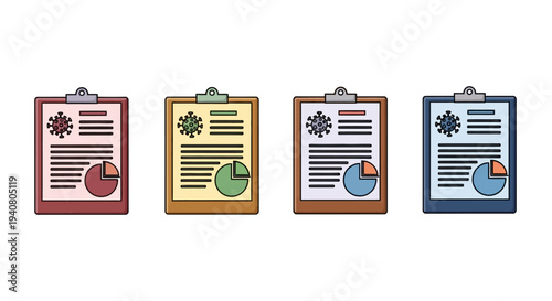 Four clipboards with charts and graphs displayed in a row on a clean background