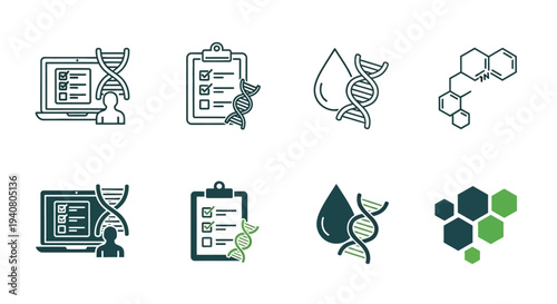 Collection of Simple Icons Representing Science and Technology Concepts on a Clean White Background from a Direct Viewpoint