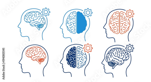 Human Brain Function and Cognition Illustrated in Simple Line Art