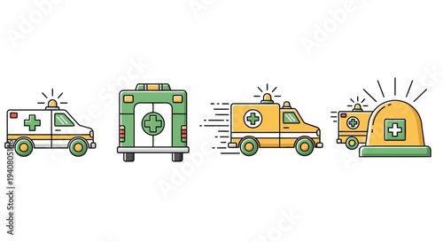 Emergency vehicles and tent illustration showcasing emergency services and medical aid in action from a frontal viewpoint