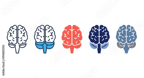 Illustration of human brains in various colors and line styles displayed side by side