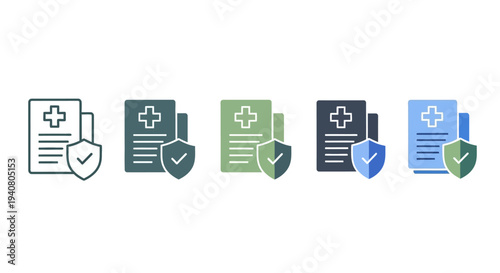 Collection of medical documents with verification icons and shields in various colors displayed in a row
