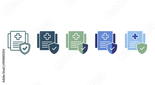 Medical documents with security icons in various colors on a transparent background viewed from directly above