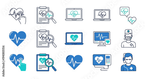 Medical icons collection featuring healthcare professionals, technology, heart rate, medical records, and diagnostic tools in a clean and modern design