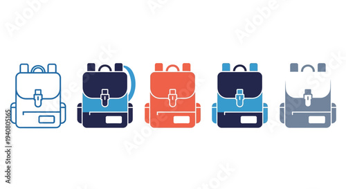 A row of colorful school backpacks arranged neatly side by side on a plain surface, viewed from directly above.