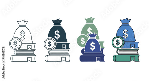 Stacks of books with money bags and currency symbols on top, illustrating finance and education concepts in a simple illustration style.