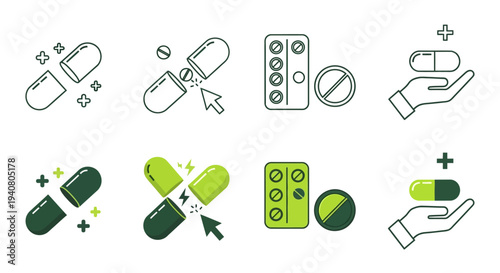 Medical icons collection featuring various pills and capsules in different styles and compositions