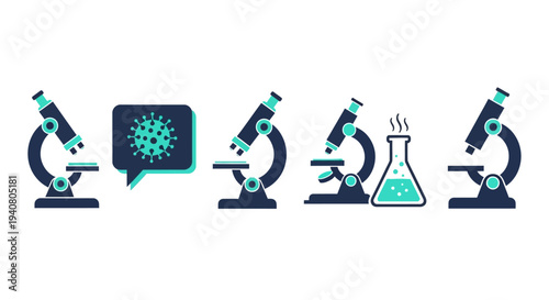Scientific research icons featuring microscopes and a beaker with a molecule symbol in a laboratory setting from a straightforward viewpoint