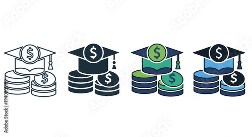 Graduation caps on stacks of coins illustrate financial investment in education
