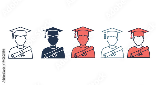 Graduates in caps and gowns illustrated in a row from different viewpoints showcasing educational achievement