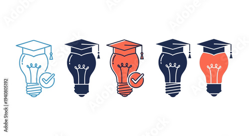 Graduation caps adorn light bulbs in a row of icons symbolizing education and innovation