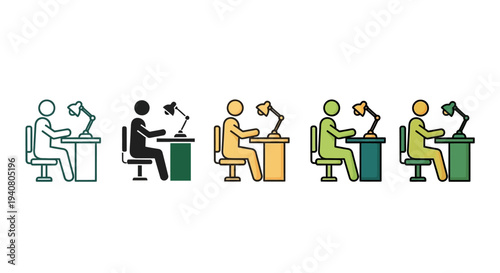 Illustration of diverse people working at desks with lamps from a straightforward perspective