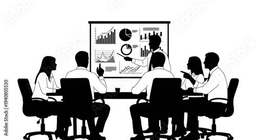 Business meeting with presentation, team discussing charts and graphs on whiteboard