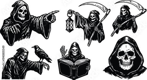Tattoo flash grim reaper pointing reading book holding lantern and scythe with raven gothic line art hooded vector