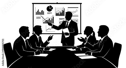 Business meeting with presentation and charts on screen, silhouettes of people in office