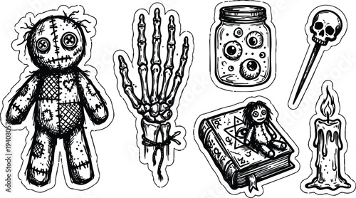Tattoo flash hand drawn occult sticker set voodoo doll skeleton hand spellbook jar eyeballs lollipop candle stitched buttons grimoire monochrome