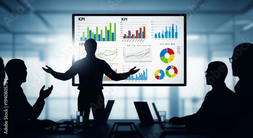 Business meeting with presentation of charts and graphs on screen