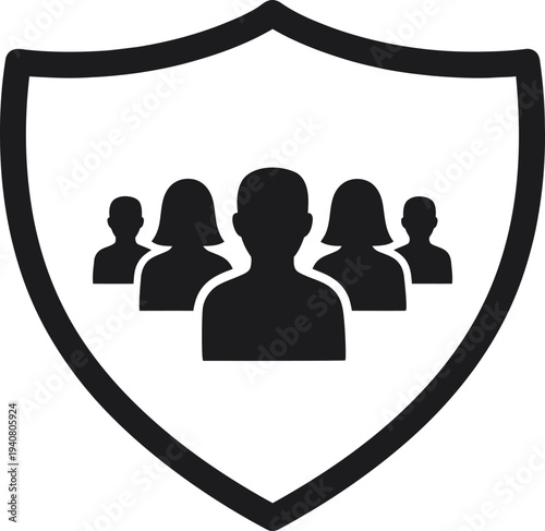 Shield icon with silhouettes of people for protection and group security