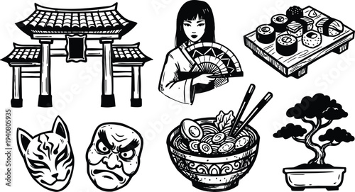 Tattoo flash set of japanese cultural icons torii gate geisha with fan sushi ramen masks bonsai vintage black and white