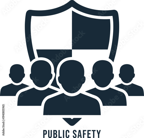 Public safety icon with shield and people silhouettes