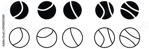 
A vector icon set of tennis and padel balls, showcasing both filled and outline styles for sports design