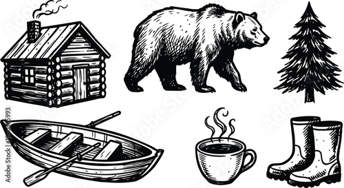Engraving style rustic cabin set with walking bear pine tree rowboat steaming coffee and muddy boots detailed vintage side view