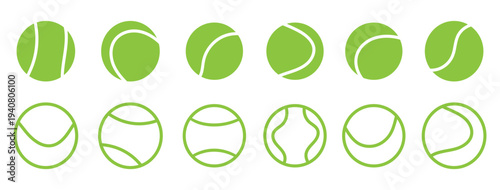 Tennis ball icon set. Sport equipment vector set. Tennis ball collection with static and motion versions for match, training, and game design.