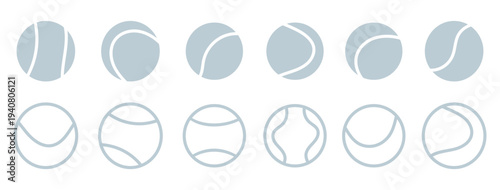 Tennis ball icon set. Sport equipment vector set. Tennis ball collection with static and motion versions for match, training, and game design.