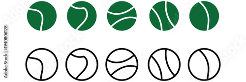 Tennis ball icon set. Sport equipment vector set. Tennis ball collection with static and motion versions for match, training, and game design.
