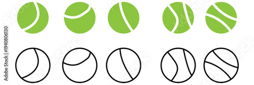 Tennis ball icon set. Sport equipment vector set. Tennis ball collection with static and motion versions for match, training, and game design.