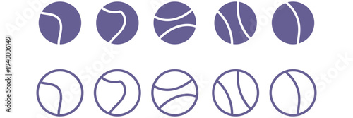 Tennis ball icon set. Sport equipment vector set. Tennis ball collection with static and motion versions for match, training, and game design.