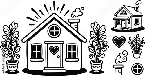 Line art whimsical front view house with heart door and chimney smoke flanked by potted plants close up bold outline