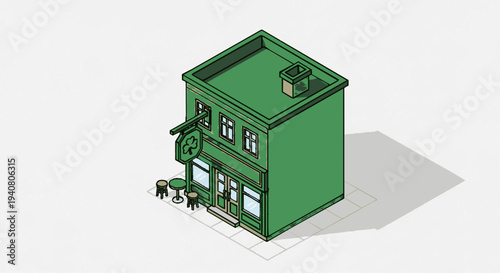 Green three story building with shopfront and rooftop vents in simple 3d isometric illustration style