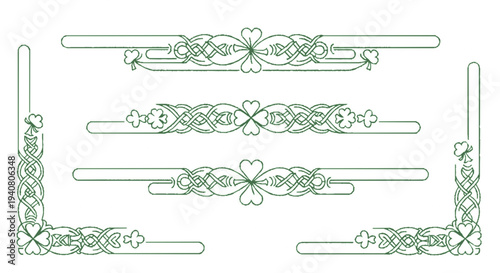 Celtic knot border designs with floral motifs and hearts on white background