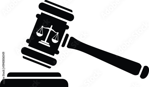 A black and white illustration of a judge's gavel with a scale symbol