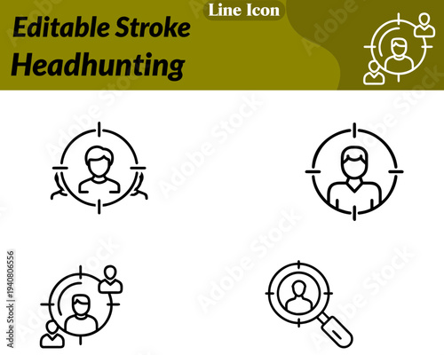 Clean flat vector icon featuring a human profile with a target crosshair and a magnifying glass. Symbolizing talent search recruitment and candidate selection. Minimalist design smooth lines.